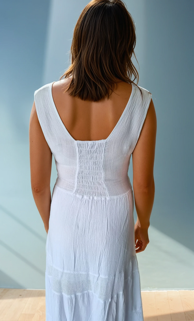Saint Tropez Long V-Neck White Cotton Dress - 0
