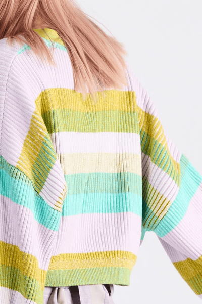 dref_by_d Gelato Coloured with aua, yellow and light pink striped Rainbow Cardigan with large buttons available at Style Society Marketplace.