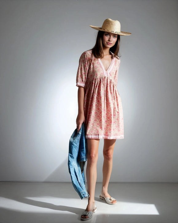 Pink Floral Hand-Printed Mini Dress