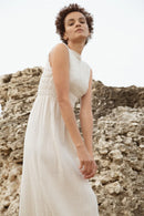 Organic Cotton long sand coloured Ladies fashion organic muslin cotton dress available at Style Society Marketplace - Organic fabric, sustainable practices.