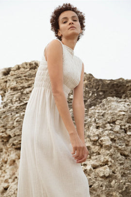 Organic Cotton long sand coloured Ladies fashion organic muslin cotton dress available at Style Society Marketplace - Organic fabric, sustainable practices.