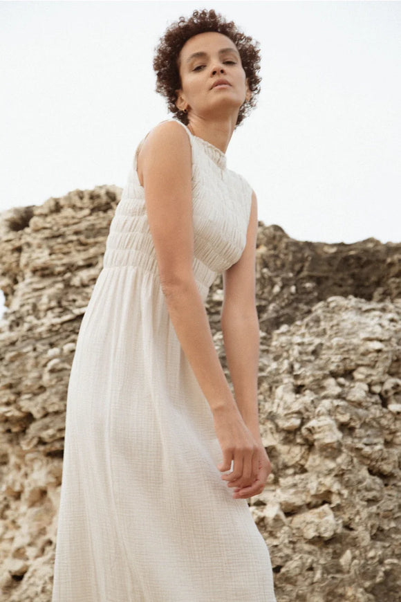 Organic Cotton long sand coloured Ladies fashion organic muslin cotton dress available at Style Society Marketplace - Organic fabric, sustainable practices.