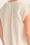 Cecilia Muslin Sand  Linen on Model Back close Style Society Marketplace