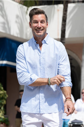 Men's Cotton Linen Blend Long Sleeve Shirt - Arctic Blue - 0