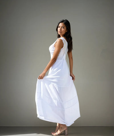 Saint Tropez Long V-Neck White Cotton Dress - 0