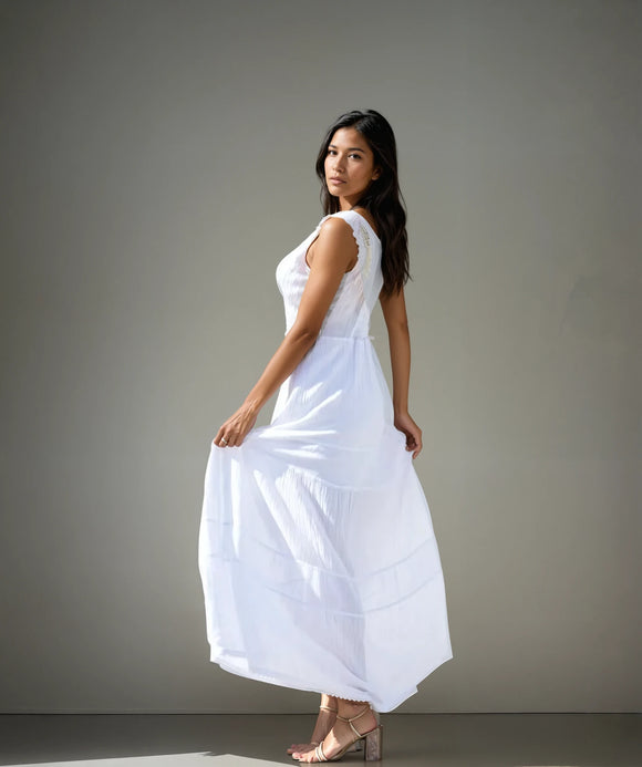 Saint Tropez Long V-Neck White Cotton Dress