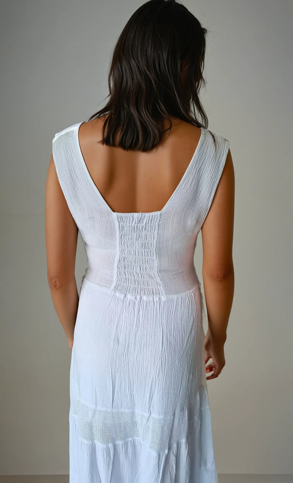 Saint Tropez Long V-Neck White Cotton Dress