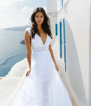 Saint Tropez Long V-Neck White Cotton Dress-1