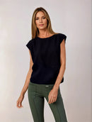 Black Organic cotton top with linen around neck line