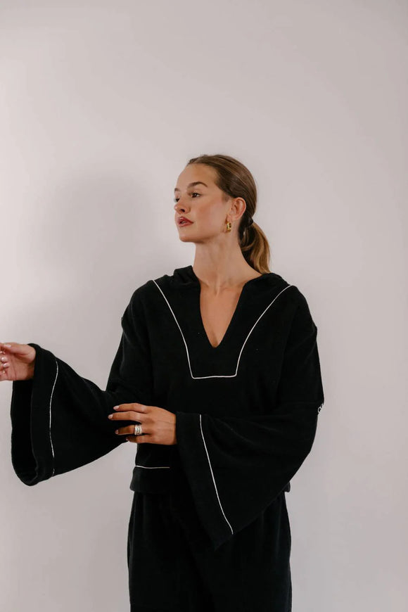 Empire Belled Hoodie - Black with White Piping