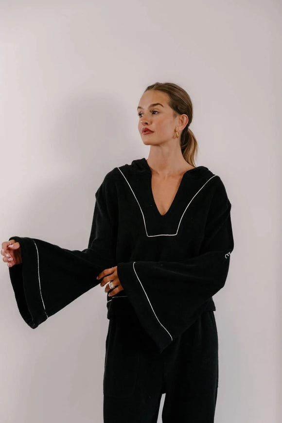 Empire Belled Hoodie - Black with White Piping