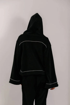 Empire Belled Hoodie - Black with White Piping - 0