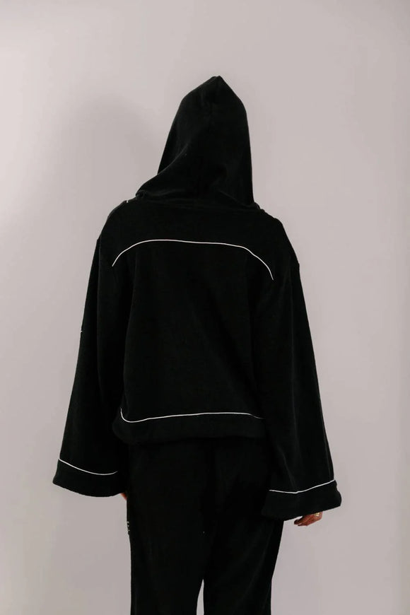Empire Belled Hoodie - Black with White Piping