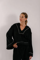 Empire Belled Hoodie - Black with White Piping-7