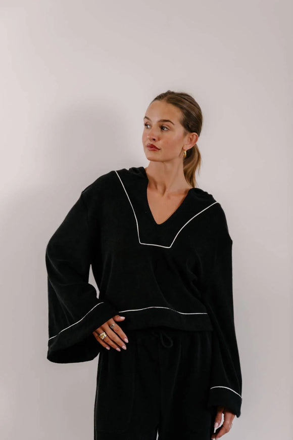 Empire Belled Hoodie - Black with White Piping