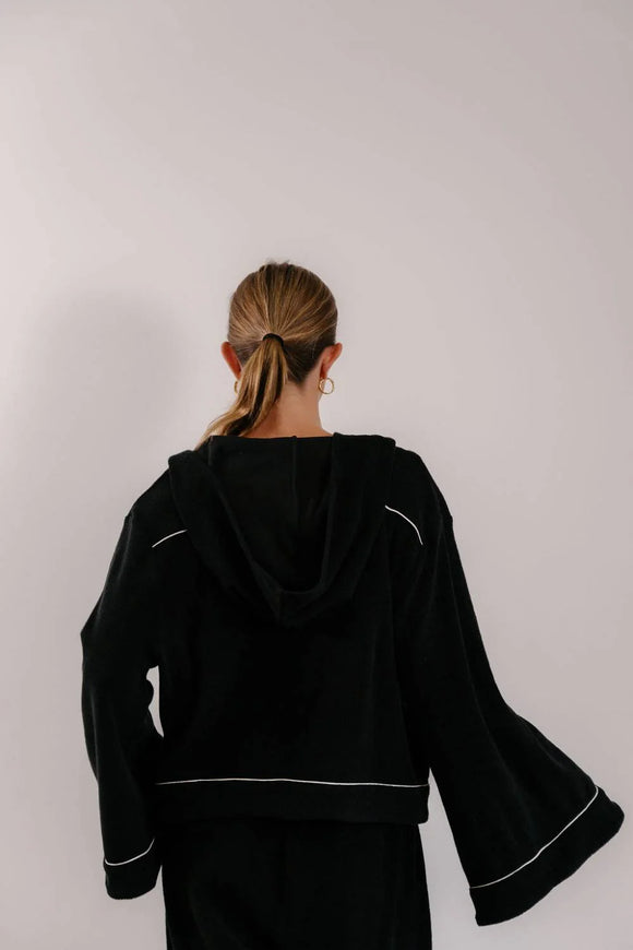 Empire Belled Hoodie - Black with White Piping