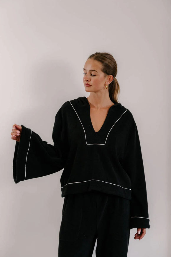 Empire Belled Hoodie - Black with White Piping