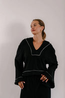 Empire Belled Hoodie - Black with White Piping-10