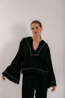 Empire Belled Hoodie - Black with White Piping-1