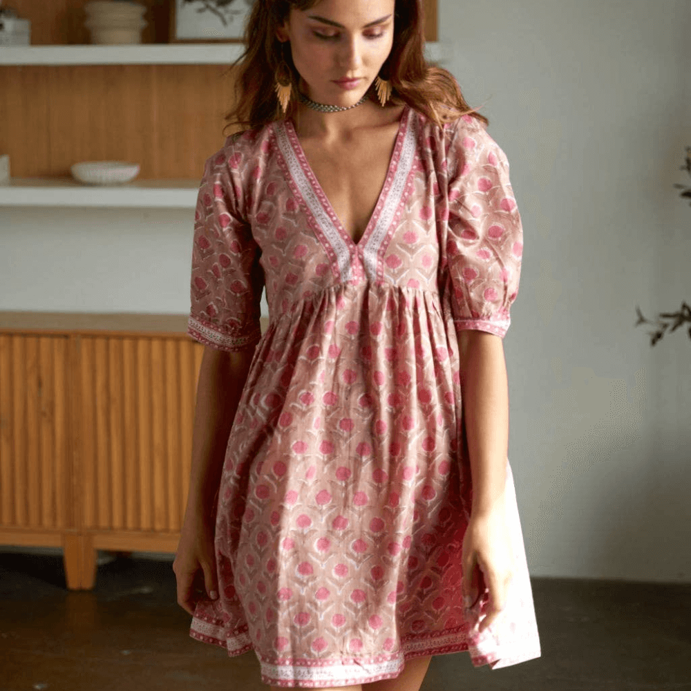 Fox & Mermaid block printed pink cotton floral dress, V-neck ethically made. Style Society Marketplace
