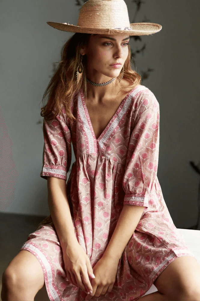 Fox & Mermaid block printed pink cotton floral dress ethically made. Style Society Marketplace