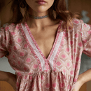 Fox & Mermaid block printed pink cotton floral v-neck dress ethically made. Style Society Marketplace