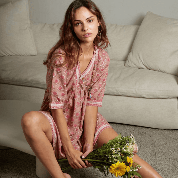 Fox & Mermaid block printed pink cotton floral dress ethically made. Style Society Marketplace