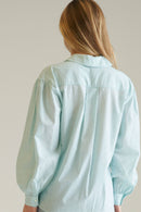 LA Relaxed Relaxed Feminine Button-Down Light Pinstriped Blouse Style Society Marketplace Back of Shirt 