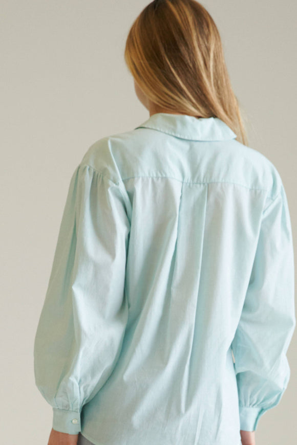 LA Relaxed Relaxed Feminine Button-Down Light Pinstriped Blouse Style Society Marketplace Back of Shirt 