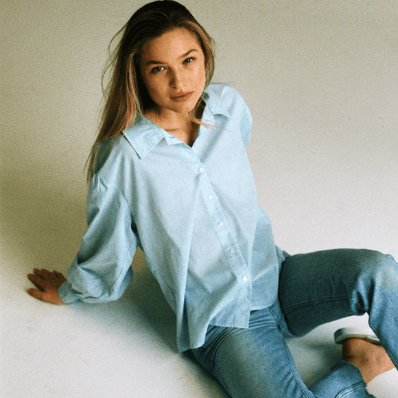 Lightweight organic cotton deadstock fabric light blue button down 