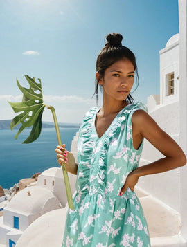 Ladies Mini Dress Green Pistachio floral, summer short sleeve dress