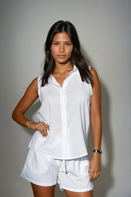 Astra White Button Cotton Shirt & Drawstring Shorts