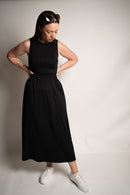 Organic Black Certified Cotton Long Midi Dress with hole in back elastic waist