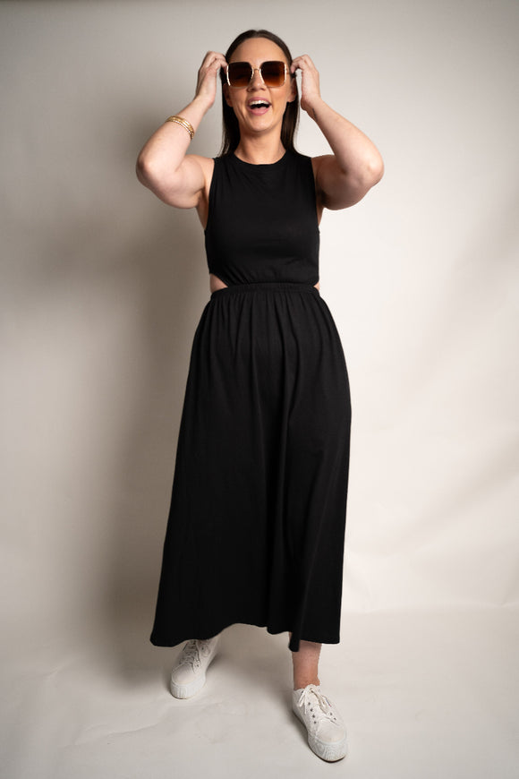 Organic Black Certified Cotton Long Midi Dress with hole in back elastic waist