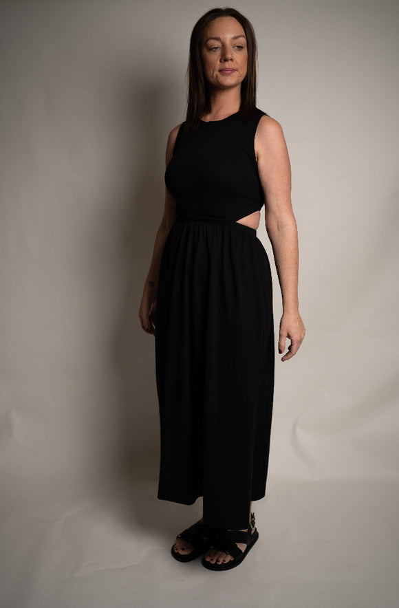 Organic Black Cotton Long Midi Dress wit hole in back