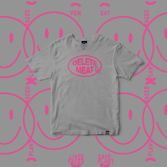 Plant Faced Clothing Opal Grey 'Delete Meat' Unisex T-Shirt Style Society Marketplace Unisex front emblem in pink