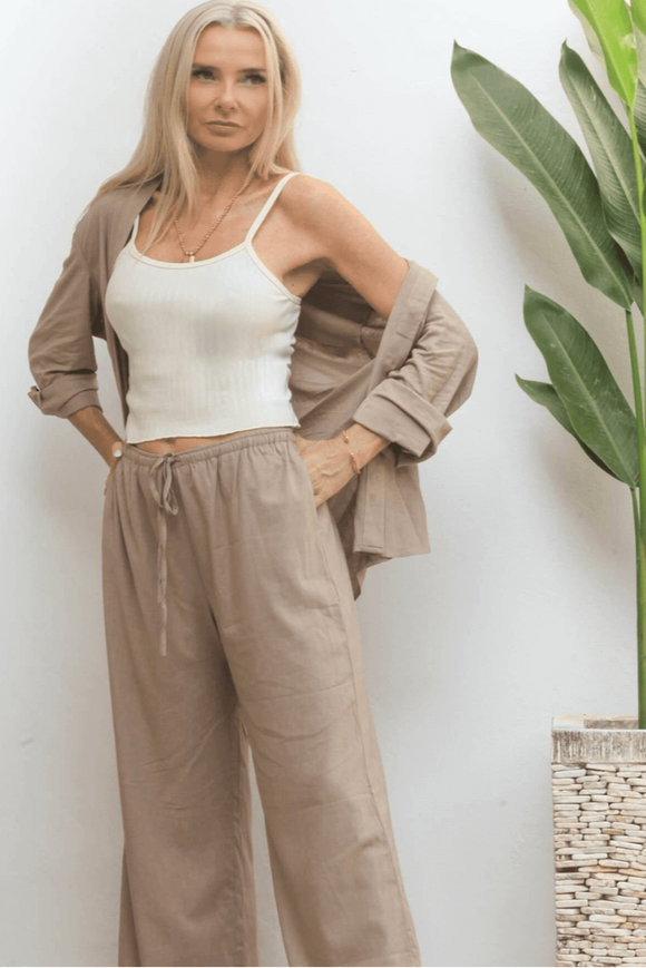 Resort Style Taupe Linen Pants & Shirt with Cream Camisole Sustainable and ethical