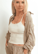 Resort Style Taupe Linen Pants & Shirt with Cream Camisole