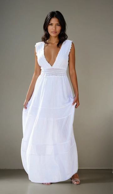 Saint Tropez Long V-Neck White Cotton Dress
