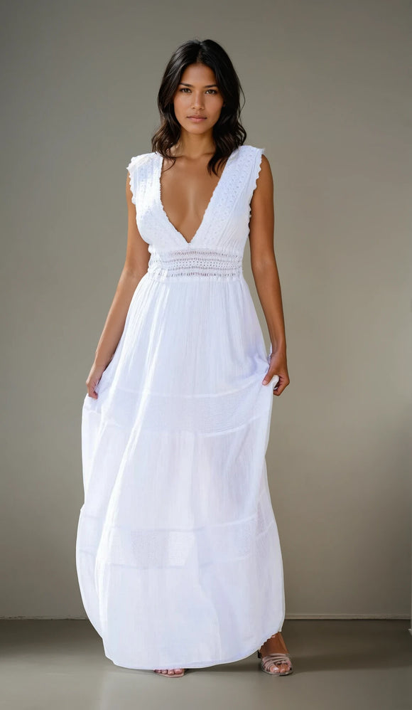 Saint Tropez Long V-Neck White Cotton Dress