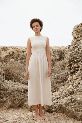 Organic Cotton Muslin Sleeveless Dress in Sand - Style Society Marketplace 