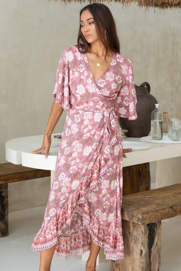 The Fox and Mermaid pink floral sexy wrap dress 3/4 sleeves large leg split at style society marketplace perfect for all women 