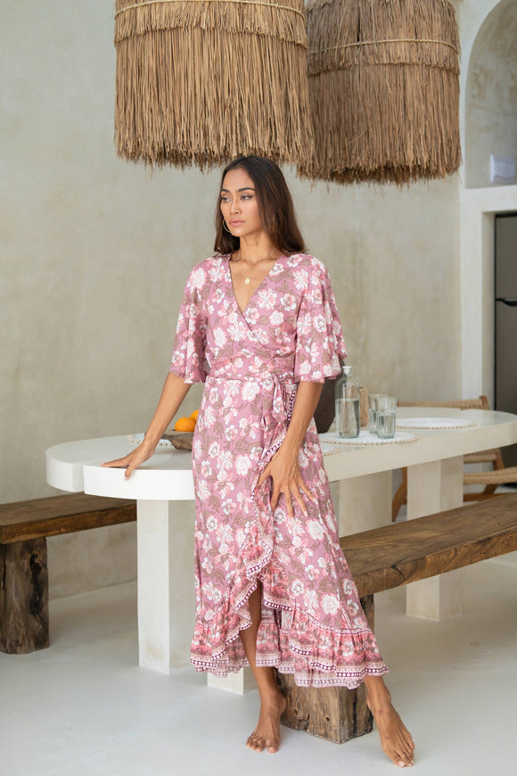 The Fox and Mermaid pink floral sexy wrap dress 3/4 sleeves large leg split at style society marketplace sexy dress 