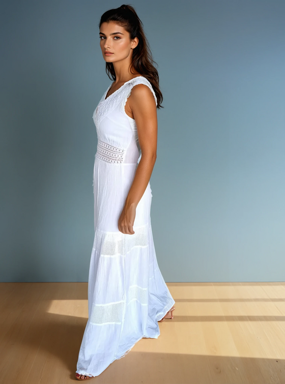 Saint Tropez Long V-Neck White Cotton Dress