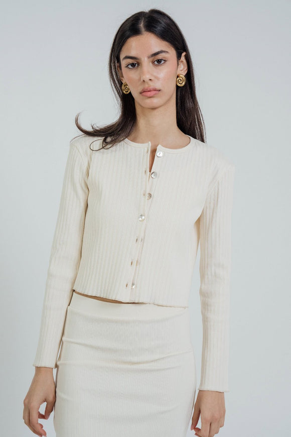 Rib Knit Ivory Co-Ord Set - Skirt, Cami & Cardigan