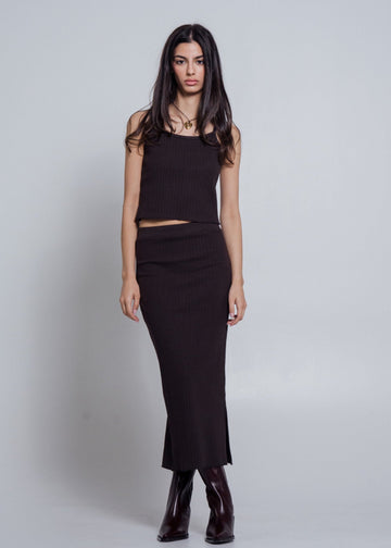 Rib Knit Midi Skirt in Hickory - 0