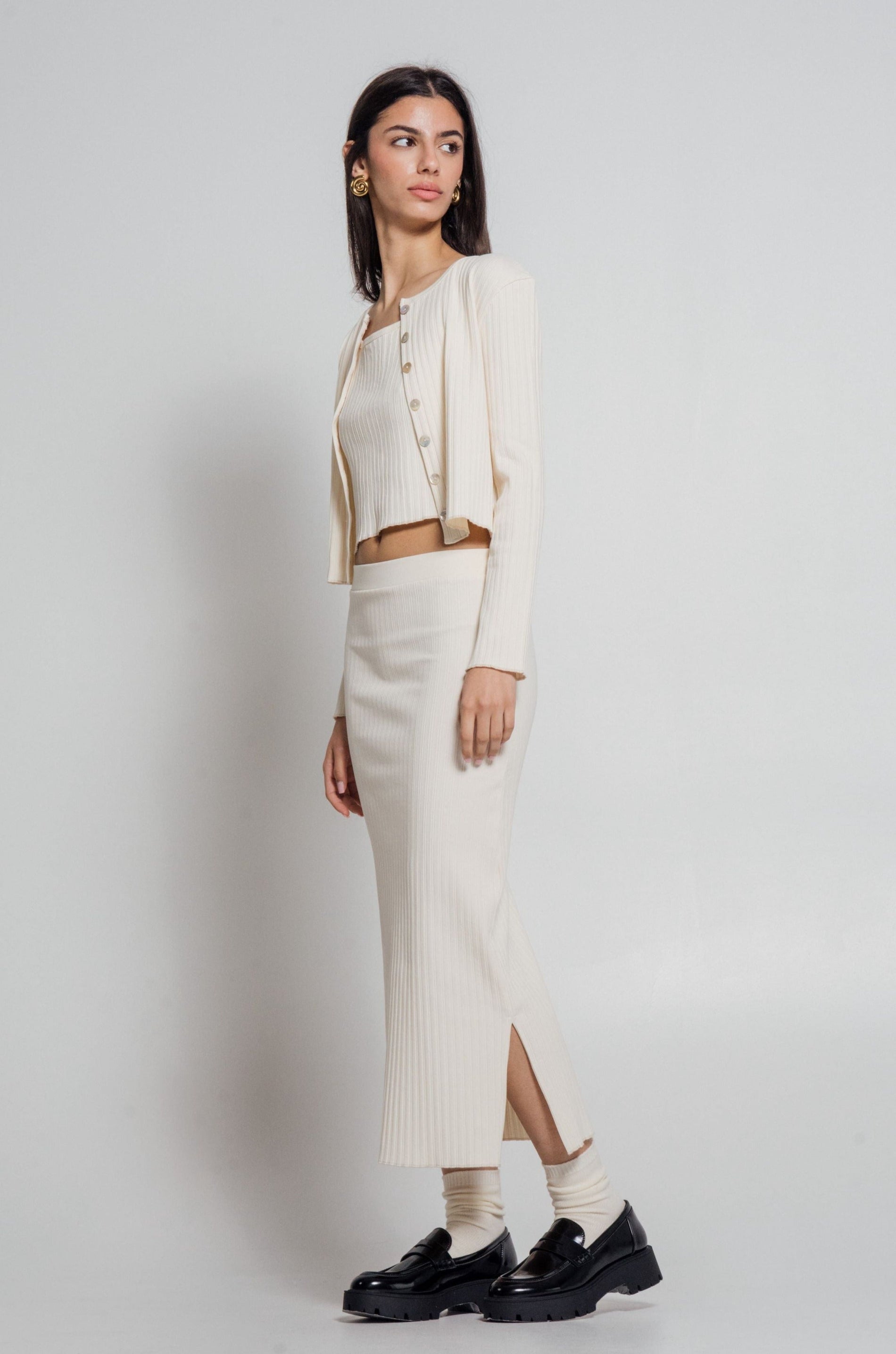 Contrast-Trim Rib-Knit Cardigan & Midi Skirt Set