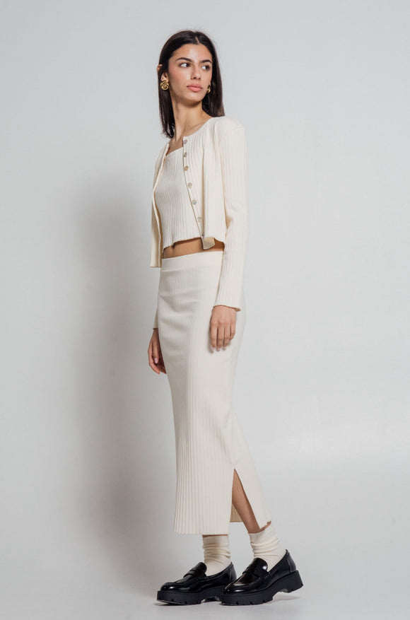 Rib Knit Ivory Co-Ord Set - Skirt, Cami & Cardigan