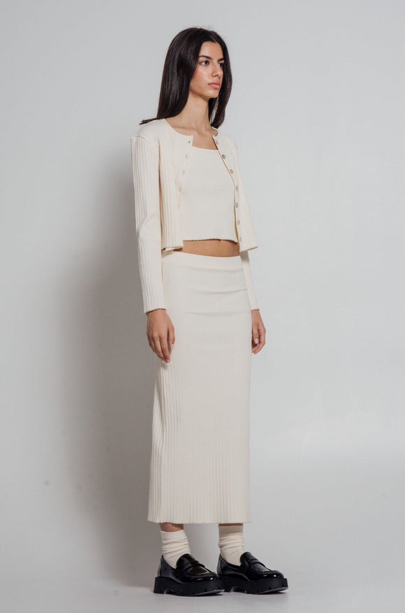 Rib Knit Ivory Co-Ord Set - Skirt, Cami & Cardigan
