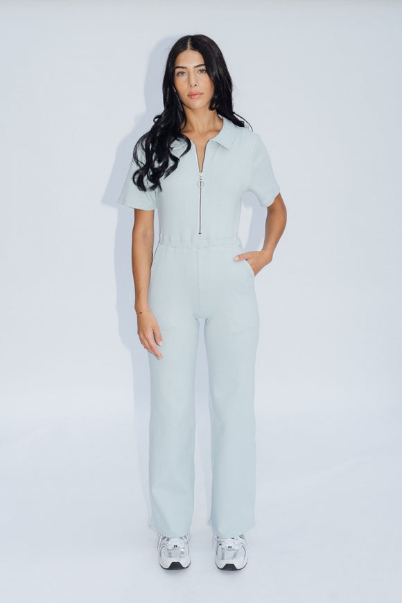 Pale Blue Ribbed Polo Jumpsuit